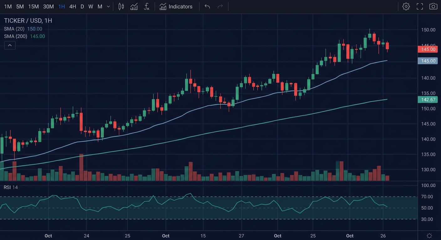 Candlestick price chart with moving averages, volume and an RSI sub-panel.
